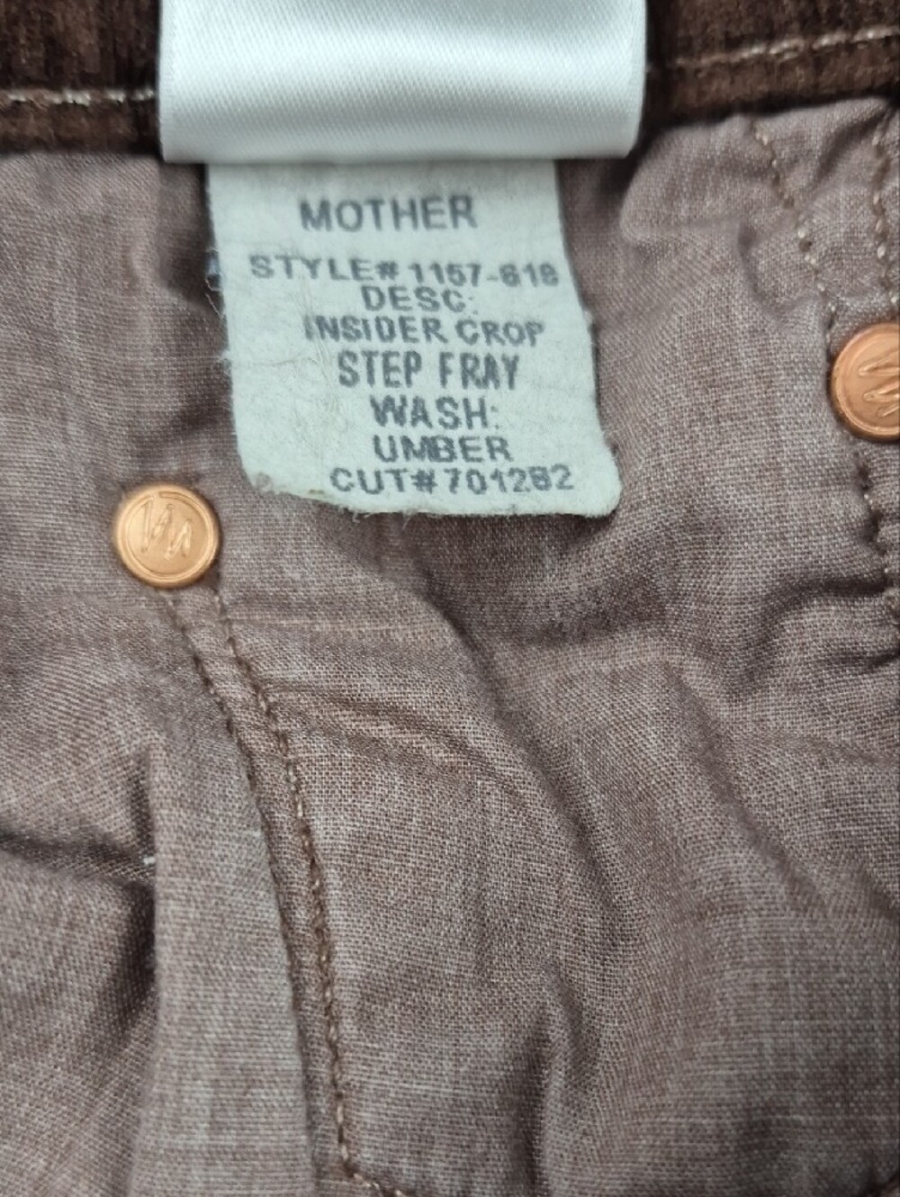 MOTHER The Insider Crop Step Fray Corduroy Pants 28 Umber Brown Stretch 1157-618 - Picture 4 of 12